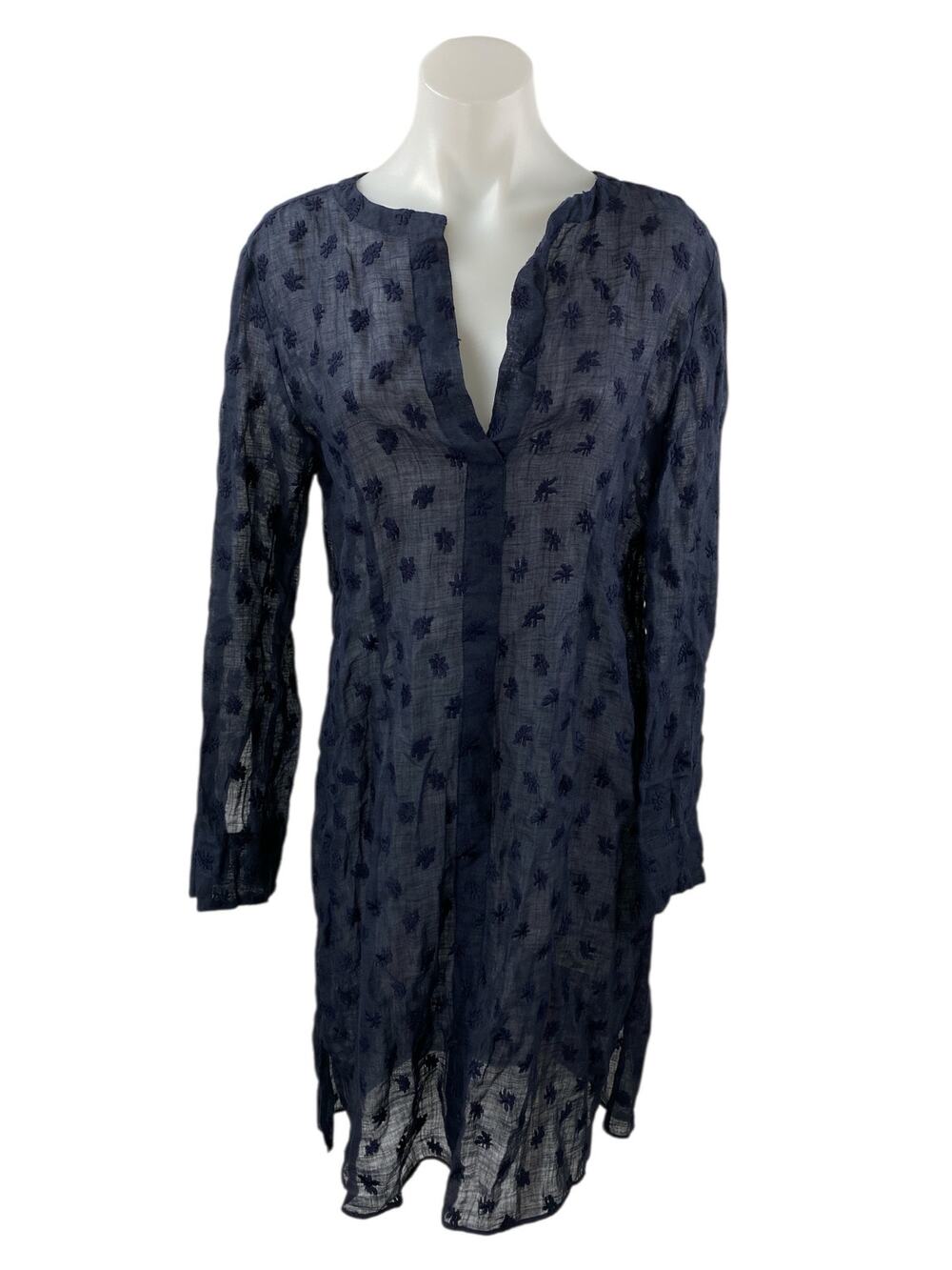 Mansur Gavriel Navy Blue Linen Floral Embroidered Long Sleeve Mini Shift Dress 8